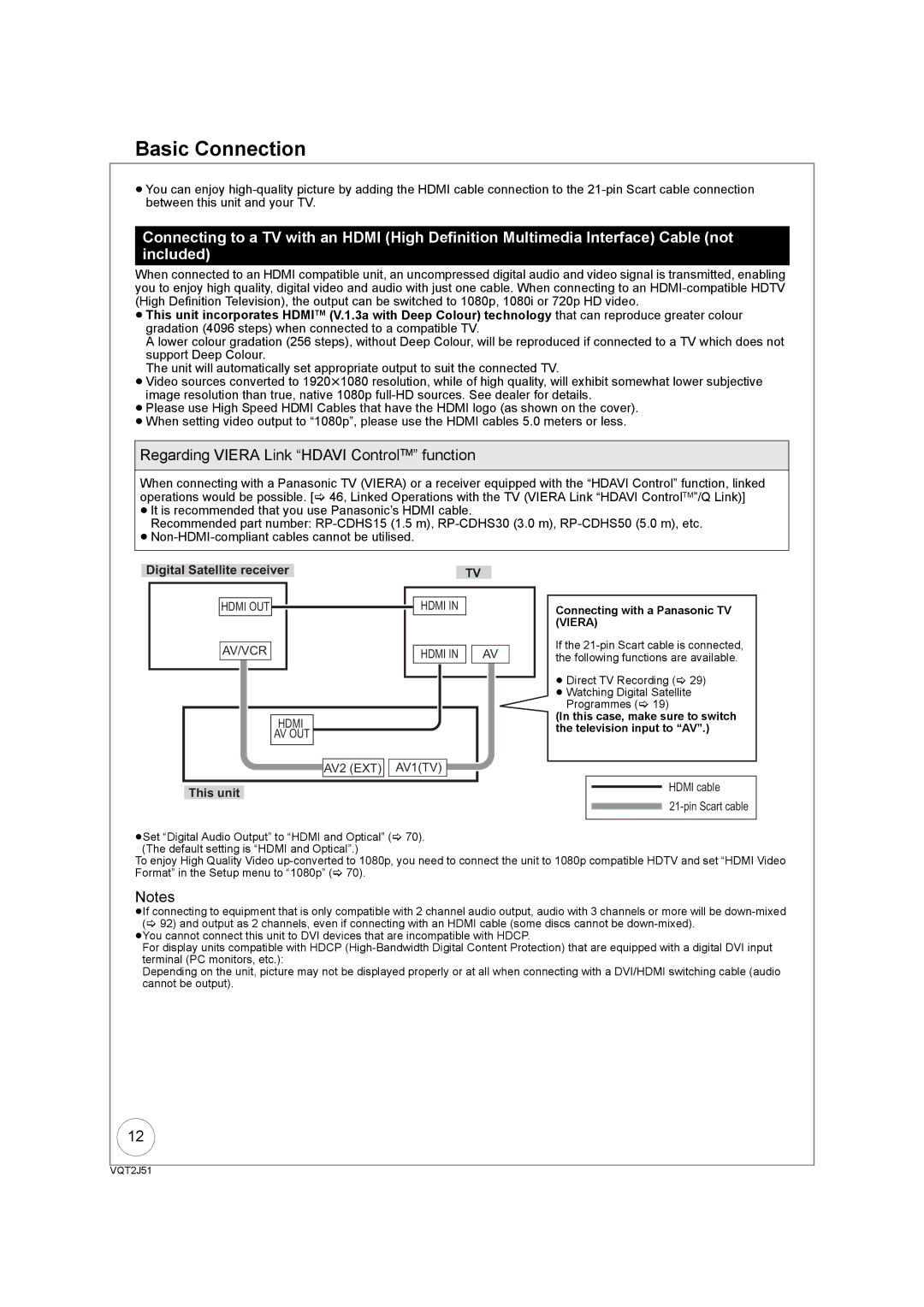 Panasonic DMR-EZ49VEB manual Digital Satellite receiver, AV2 EXT AV1TV, Hdmi cable Pin Scart cable 