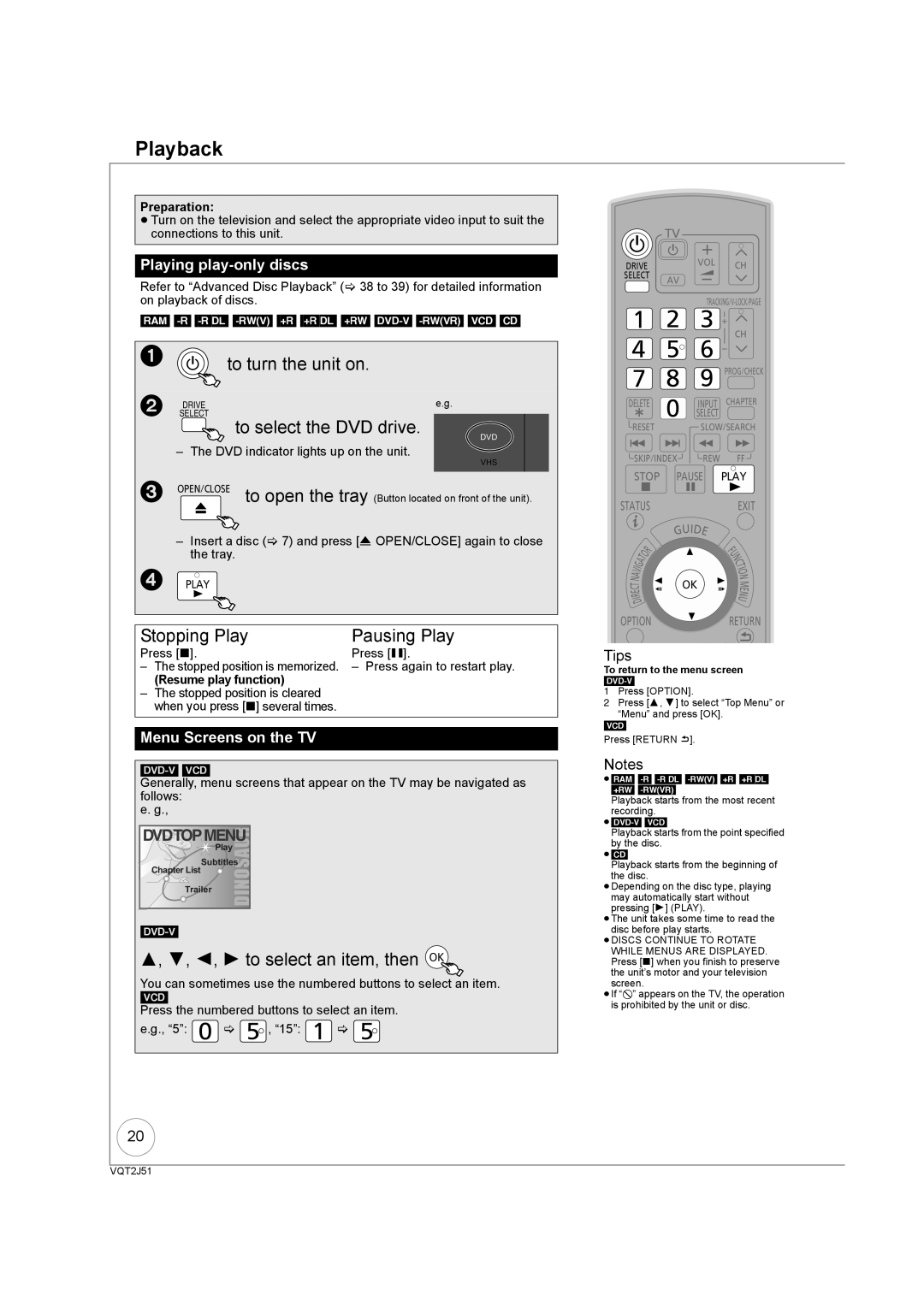 Panasonic DMR-EZ49VEB manual Playback, To select the DVD drive, Stopping Play, 2, 1 to select an item, then OK 