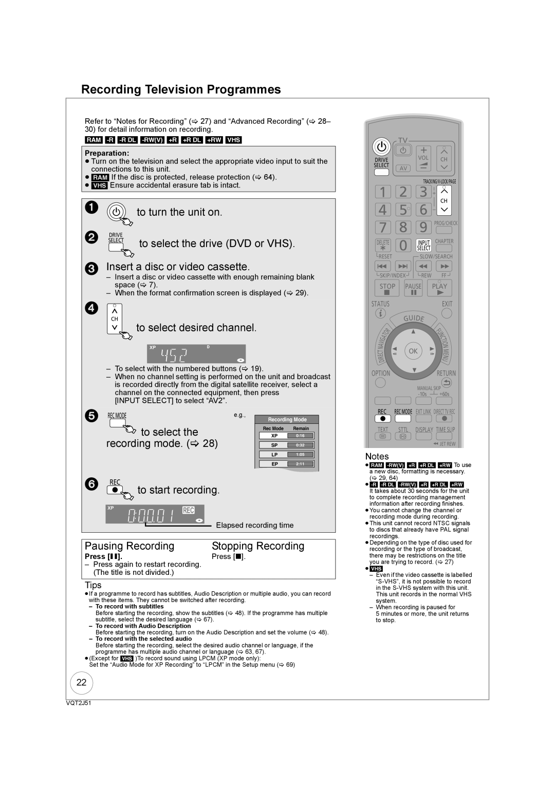 Panasonic DMR-EZ49VEB manual Recording Television Programmes, Insert a disc or video cassette, To start recording 