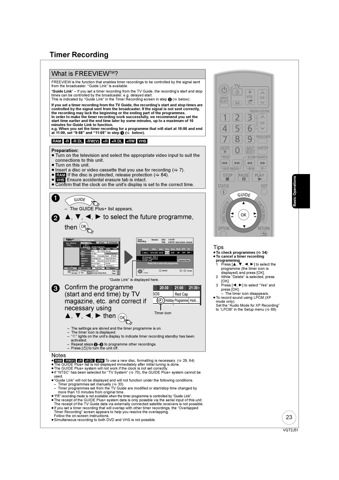 Panasonic DMR-EZ49VEB Timer Recording, What is FREEVIEWTM?, 4, 2, 1 to select the future programme, then OK, Programming 