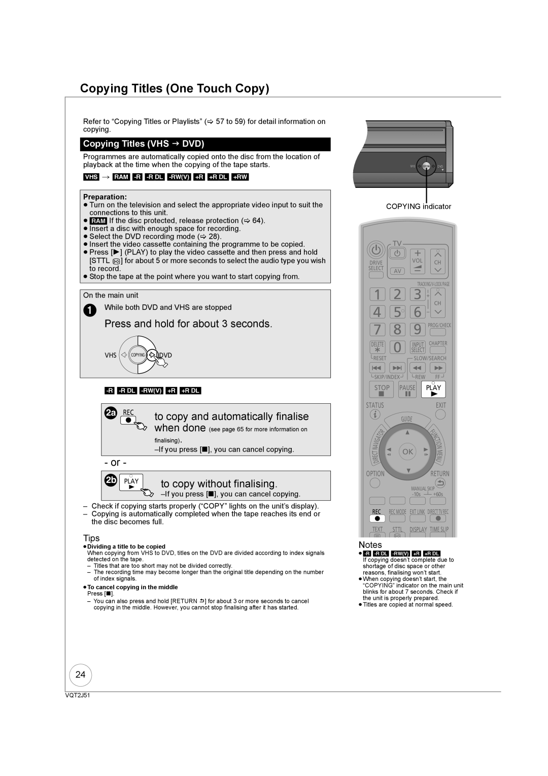 Panasonic DMR-EZ49VEB manual Copying Titles One Touch Copy, Press and hold for about 3 seconds, To copy without finalising 