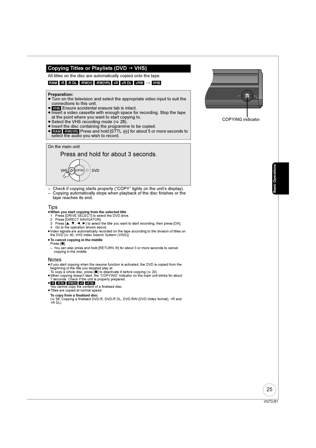 Panasonic DMR-EZ49VEB manual Copying Titles or Playlists DVD J VHS, RAM -R -RDL -RW‹V› -RW‹VR› +R +RDL +RW VHS Preparation 