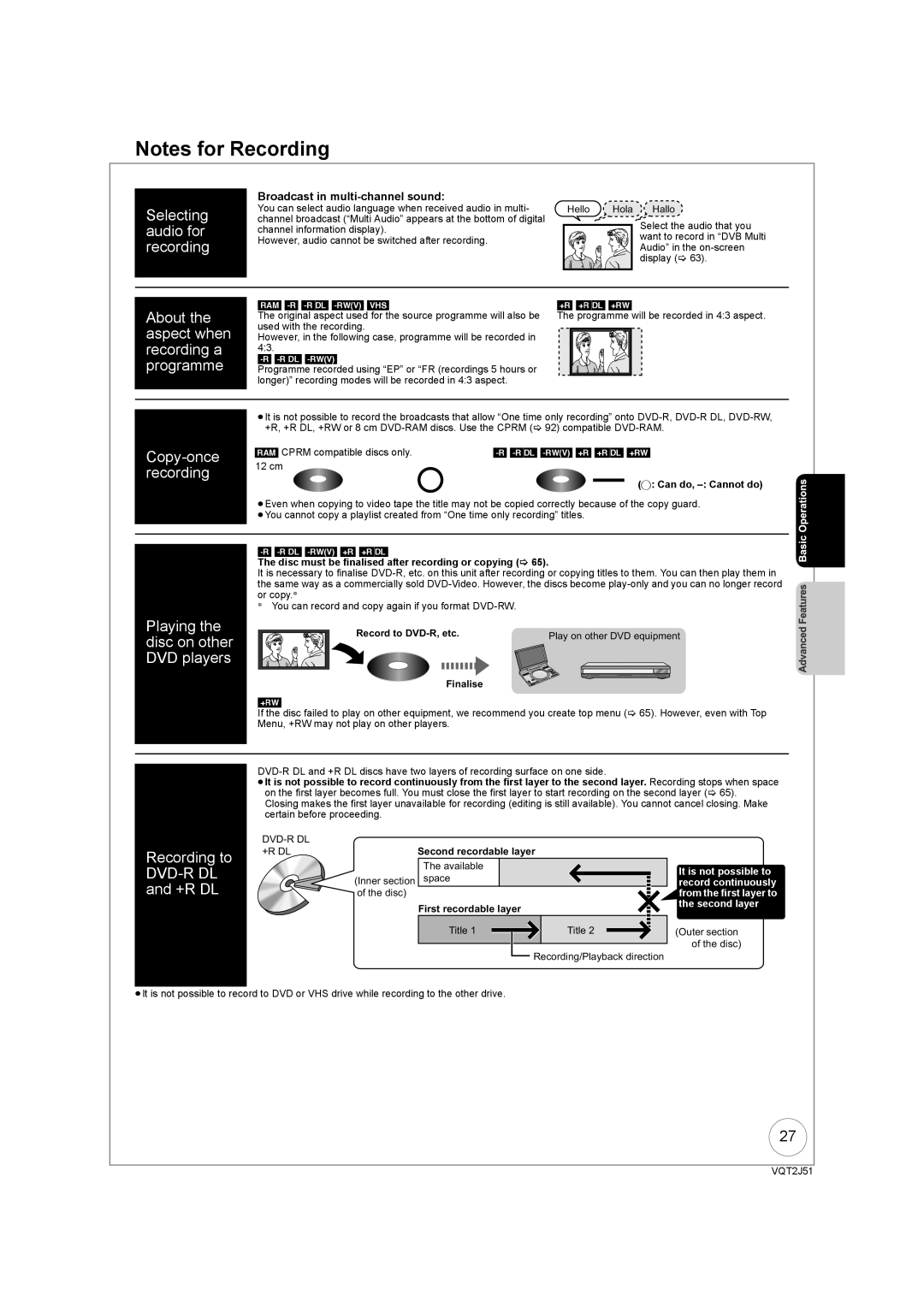 Panasonic DMR-EZ49VEB manual Copy-once, Recording, Broadcast in multi-channel sound 