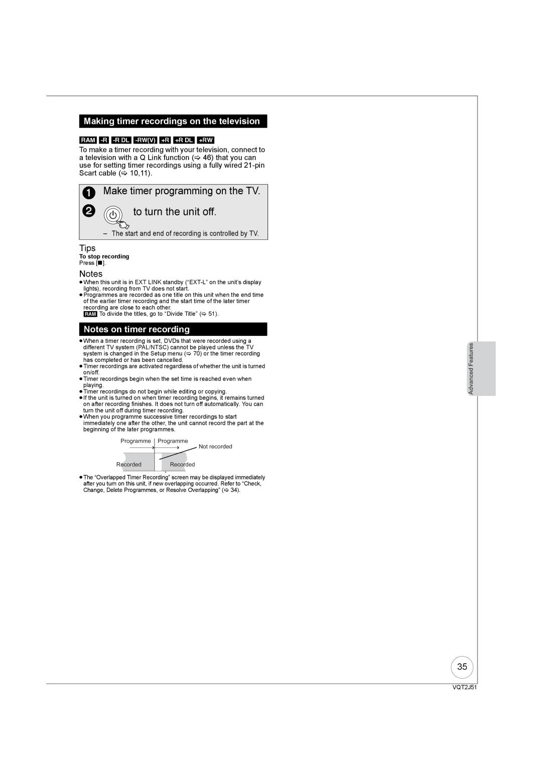 Panasonic DMR-EZ49VEB Make timer programming on the TV  to turn the unit off, Making timer recordings on the television 