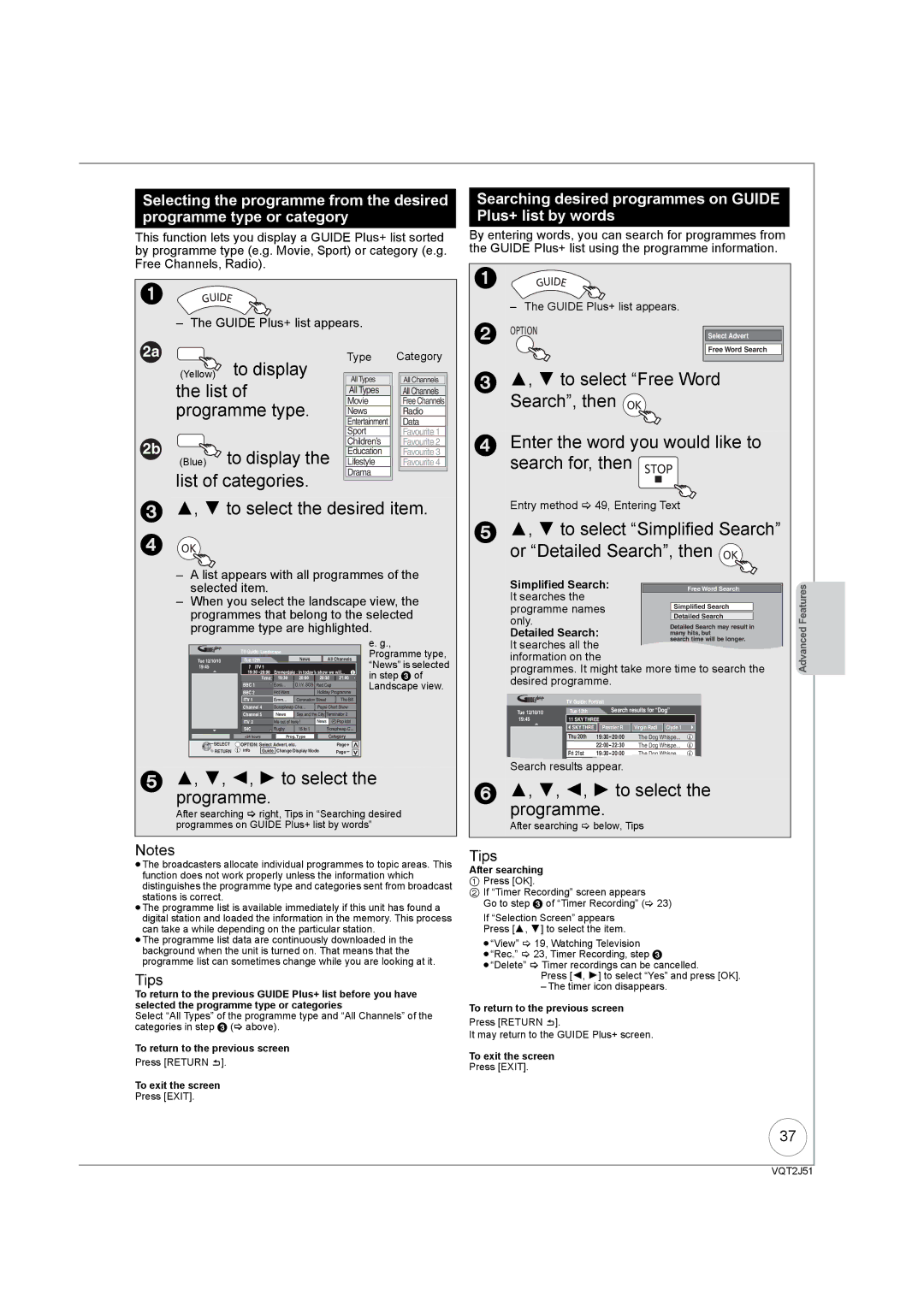 Panasonic DMR-EZ49VEB manual Yellow to display, List of categories, to select Free Word, Search, then OK 