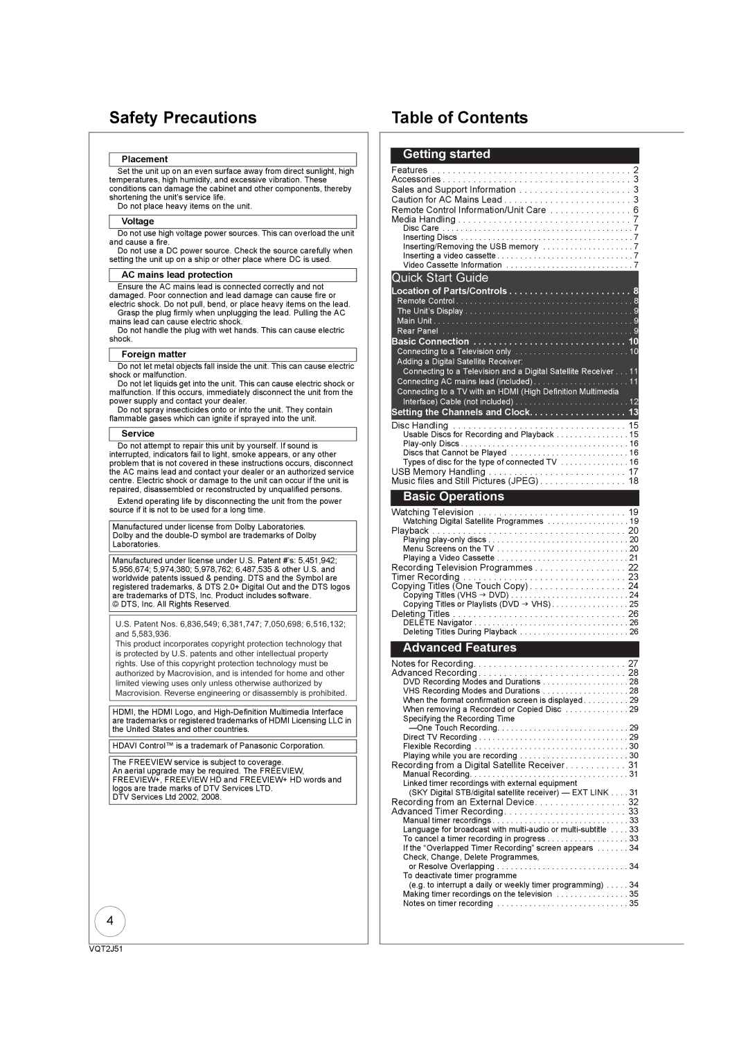 Panasonic DMR-EZ49VEB manual Safety Precautions, Table of Contents 