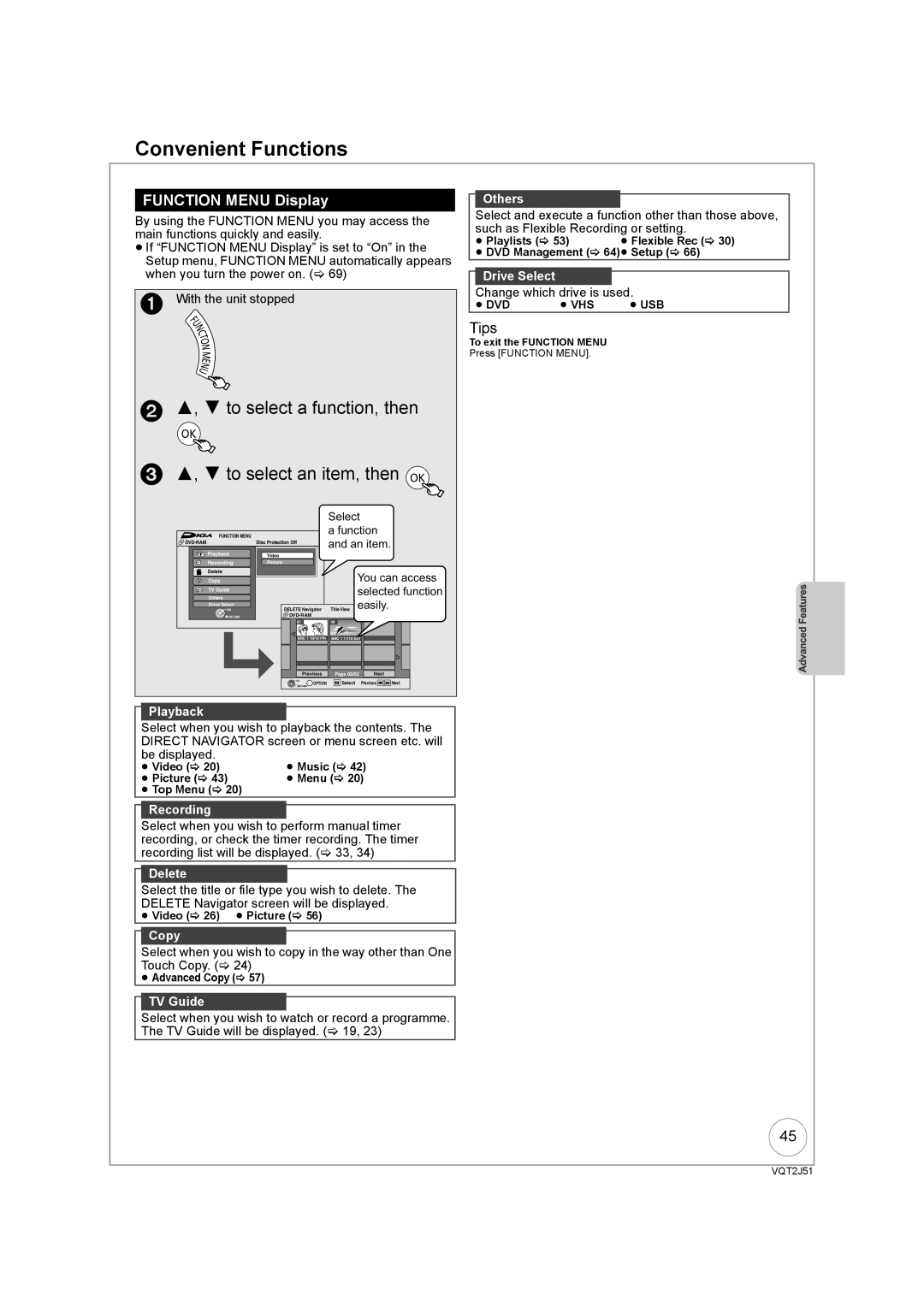 Panasonic DMR-EZ49VEB manual Convenient Functions, Function Menu Display, With the unit stopped, Change which drive is used 