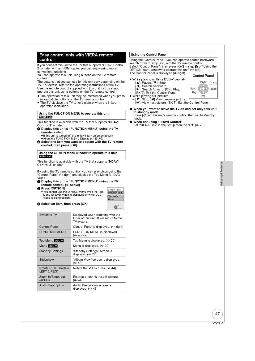 Panasonic DMR-EZ49VEB manual Easy control only with Viera remote control 