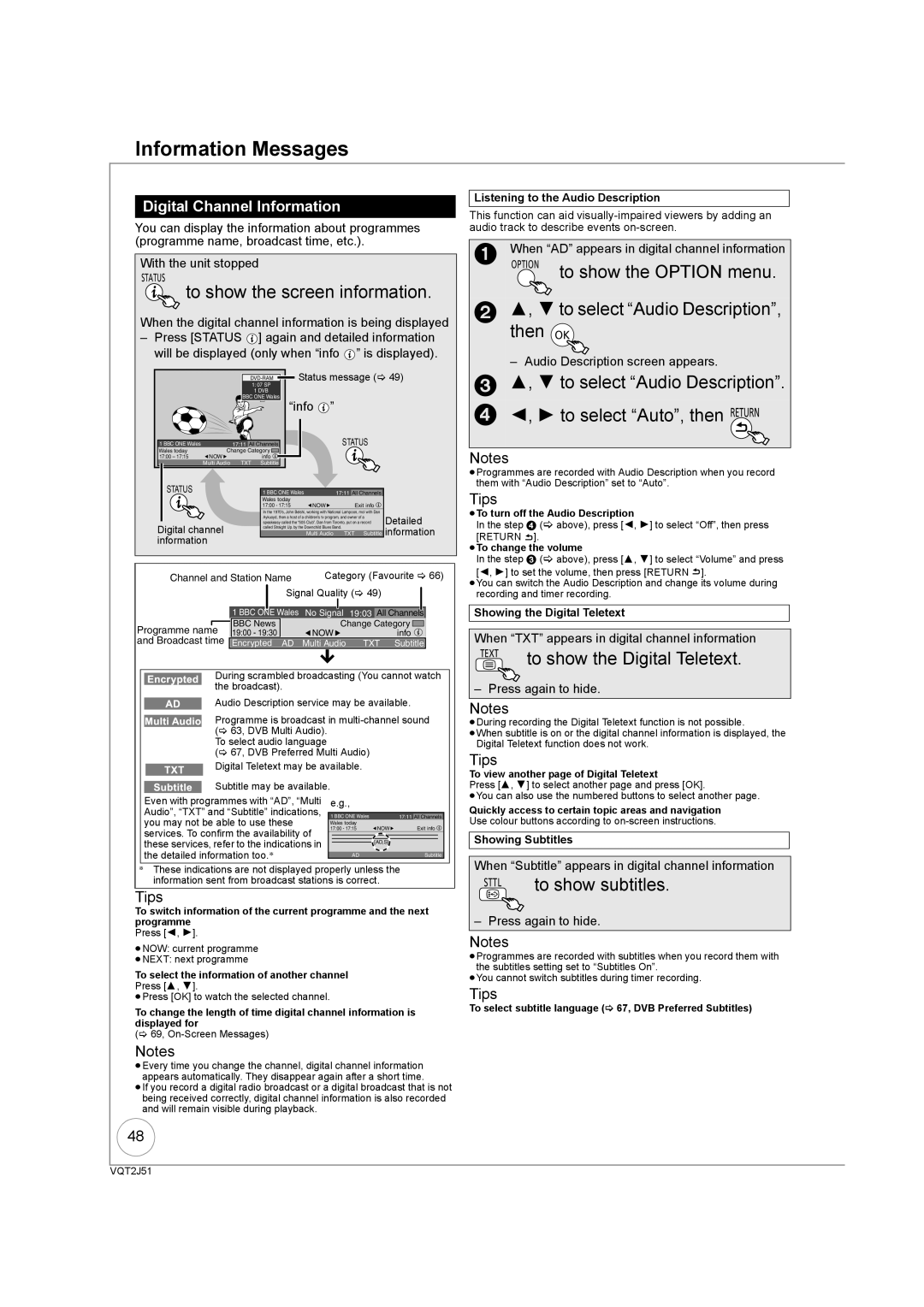 Panasonic DMR-EZ49VEB manual Information Messages, To show the screen information, to select Audio Description, then OK 