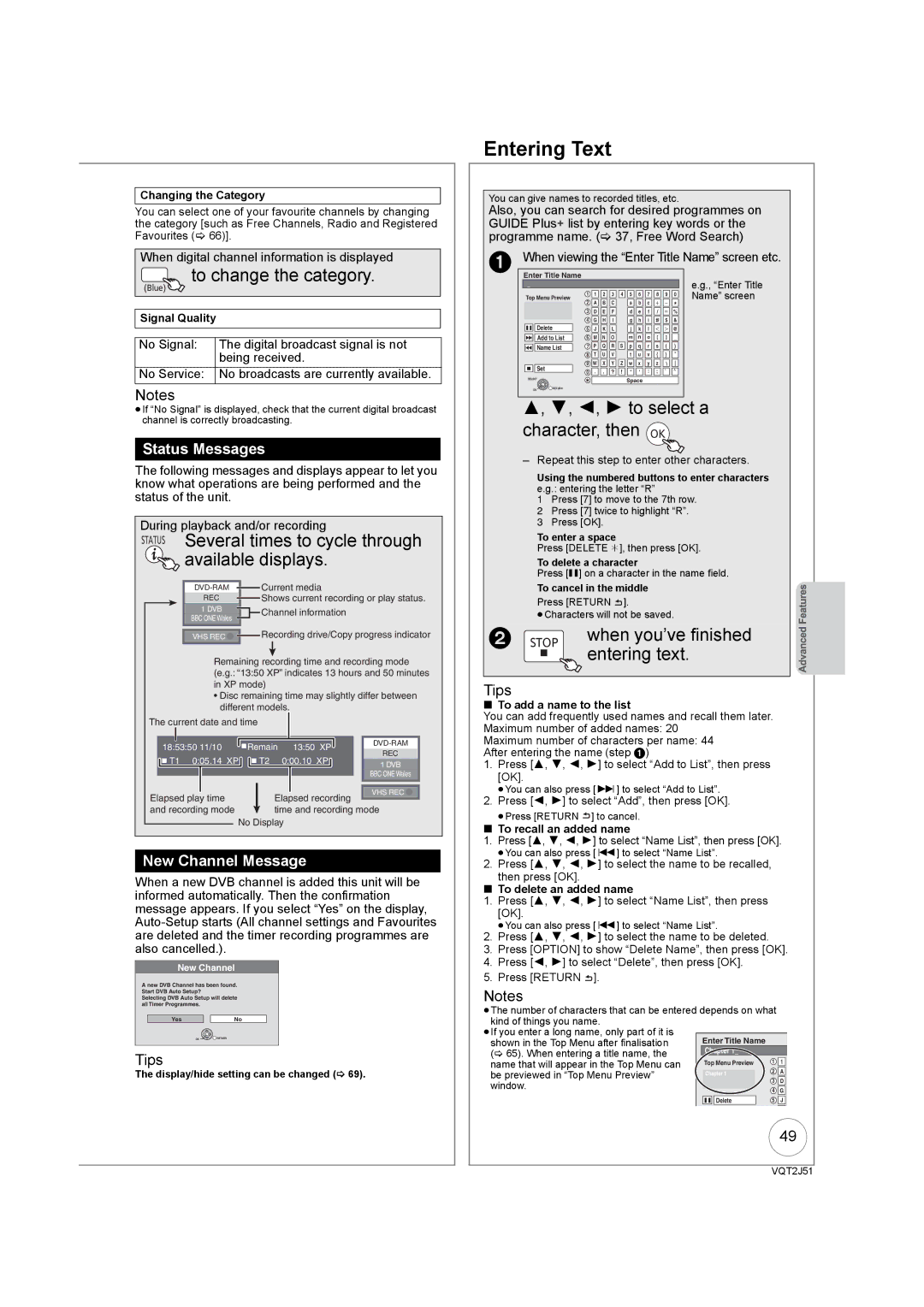 Panasonic DMR-EZ49VEB Entering Text, To change the category, Status Several times to cycle through available displays 