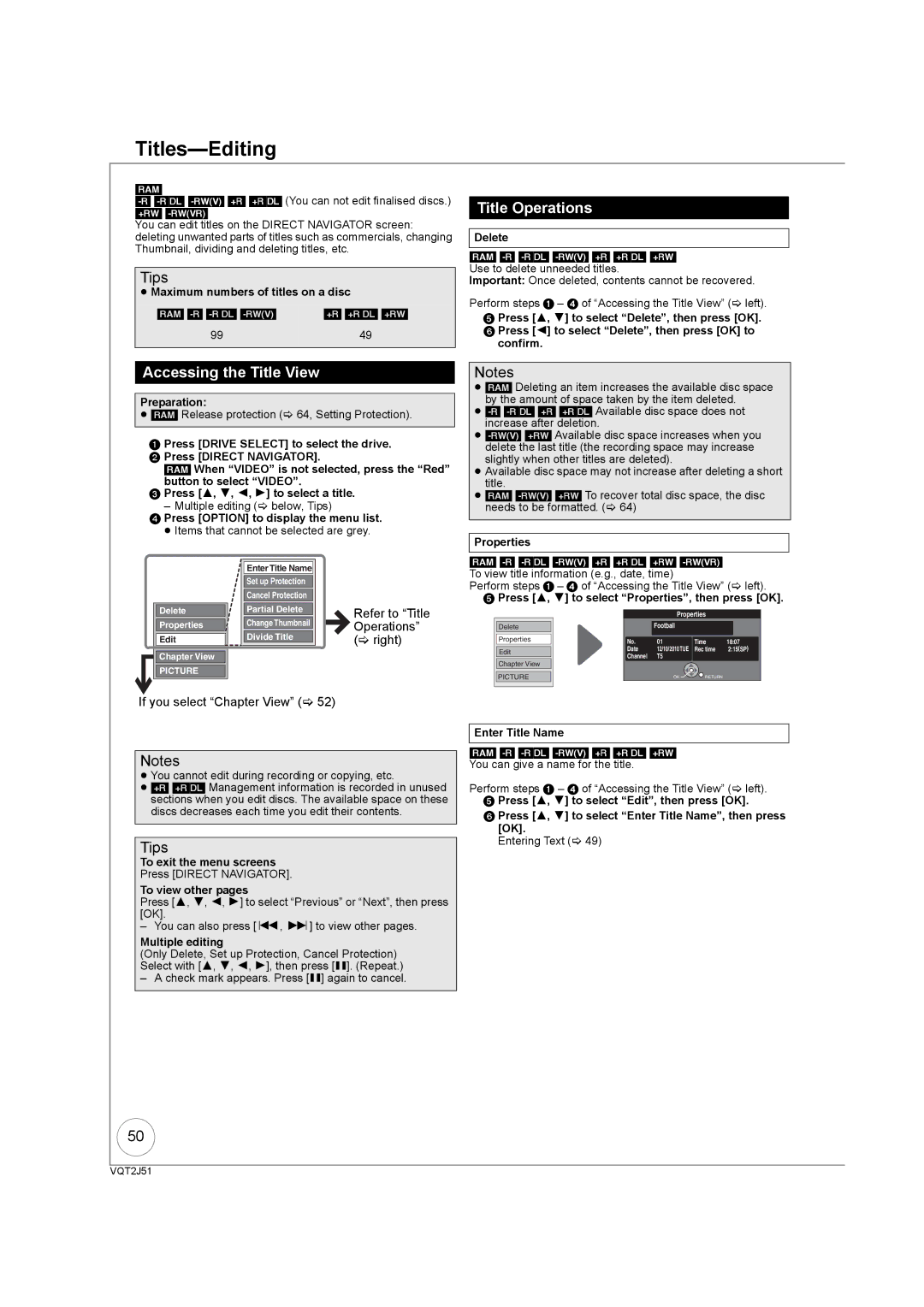 Panasonic DMR-EZ49VEB manual Titles-Editing, Accessing the Title View, Refer to Title Operations right 