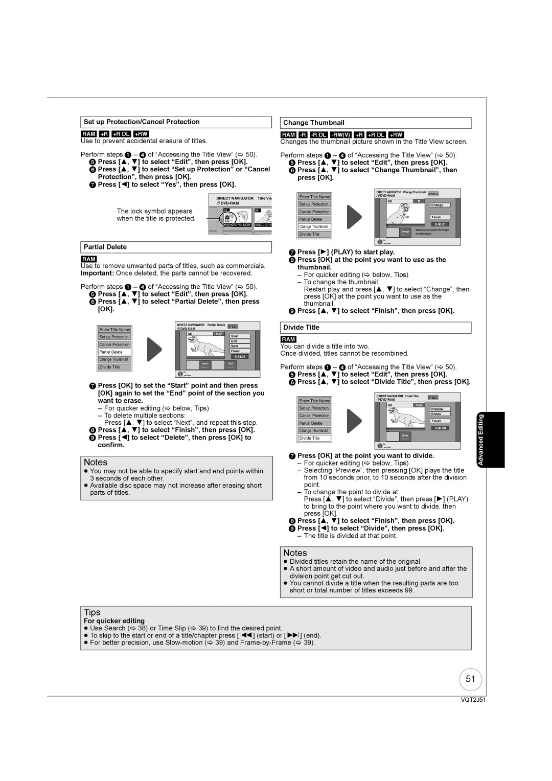 Panasonic DMR-EZ49VEB Set up Protection/Cancel Protection RAM +R +RDL +RW, Partial Delete, Press 1 Play to start play 