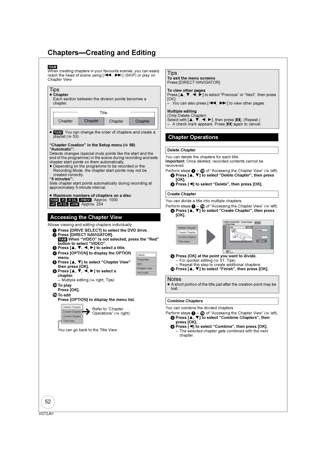 Panasonic DMR-EZ49VEB manual Chapters-Creating and Editing, Accessing the Chapter View, Chapter Operations 