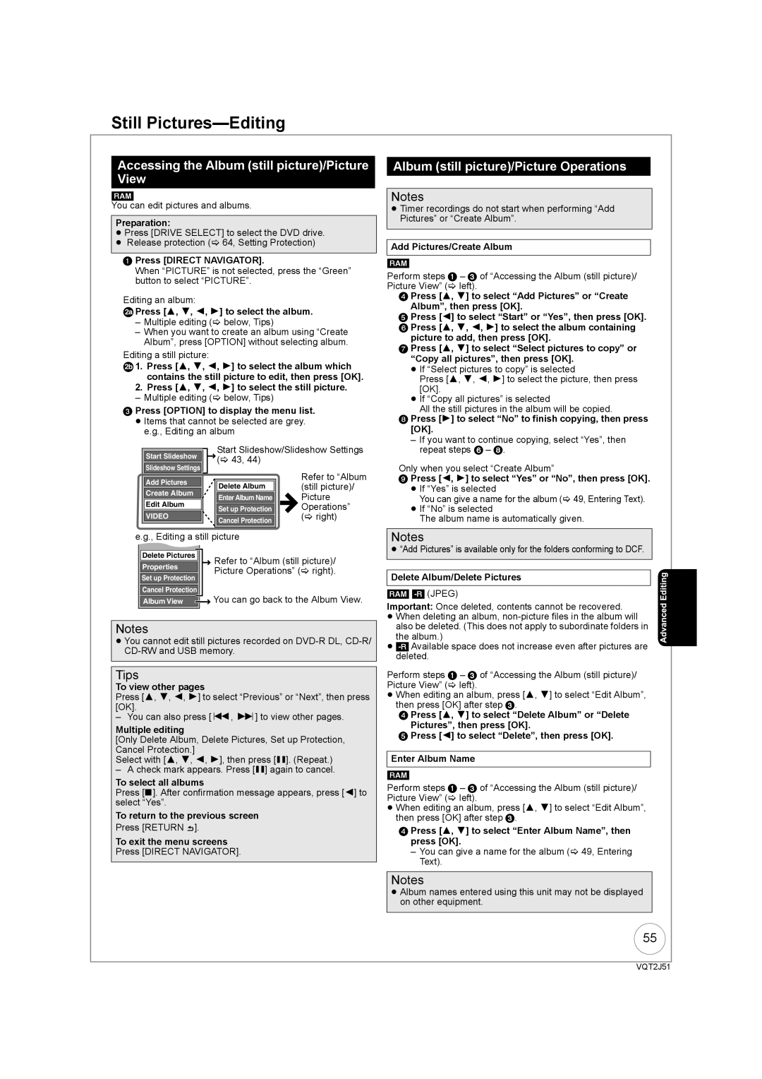 Panasonic DMR-EZ49VEB manual Still Pictures-Editing, Accessing the Album still picture/Picture View 