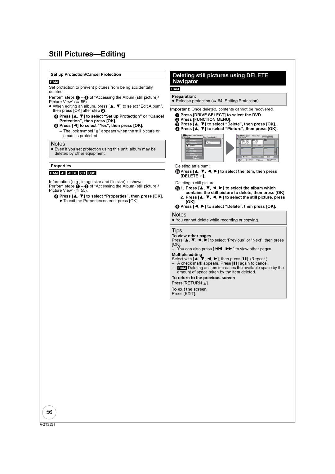 Panasonic DMR-EZ49VEB manual Deleting still pictures using Delete Navigator, Set up Protection/Cancel Protection 