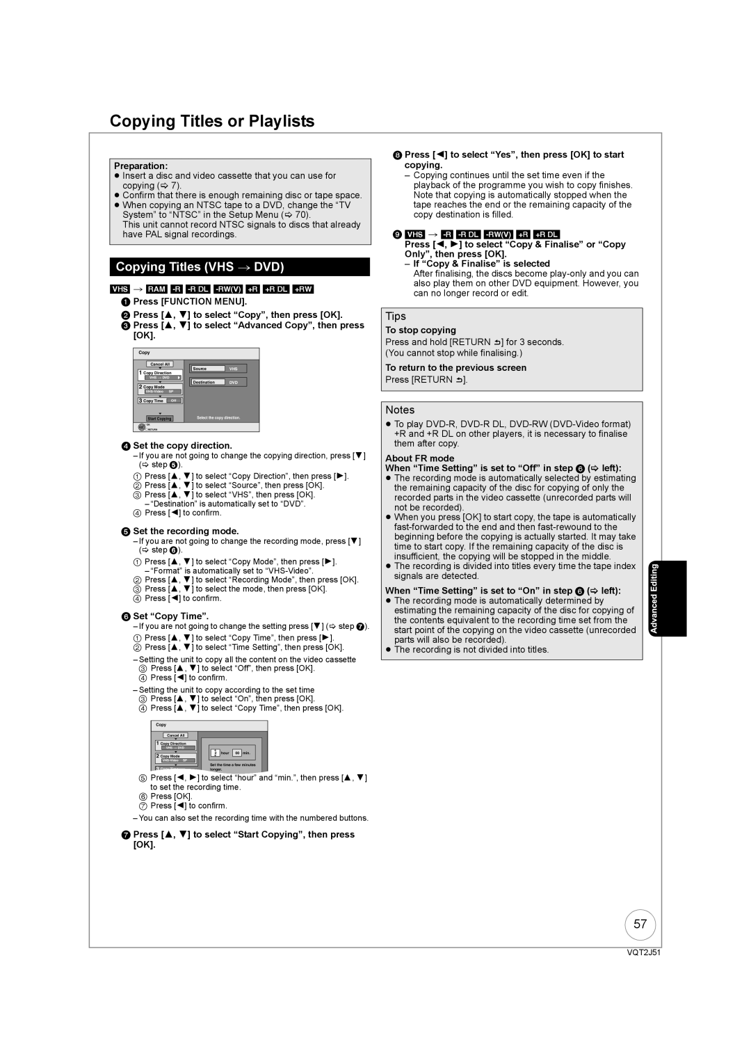 Panasonic DMR-EZ49VEB manual Copying Titles or Playlists, Copying Titles VHS DVD 