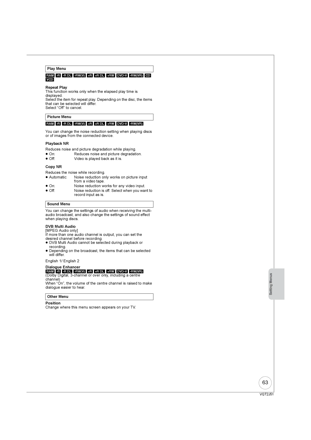 Panasonic DMR-EZ49VEB manual Picture Menu RAM -R -RDL -RW‹V› +R +RDL +RW DVD-V -RW‹VR›, Playback NR, Copy NR, Sound Menu 