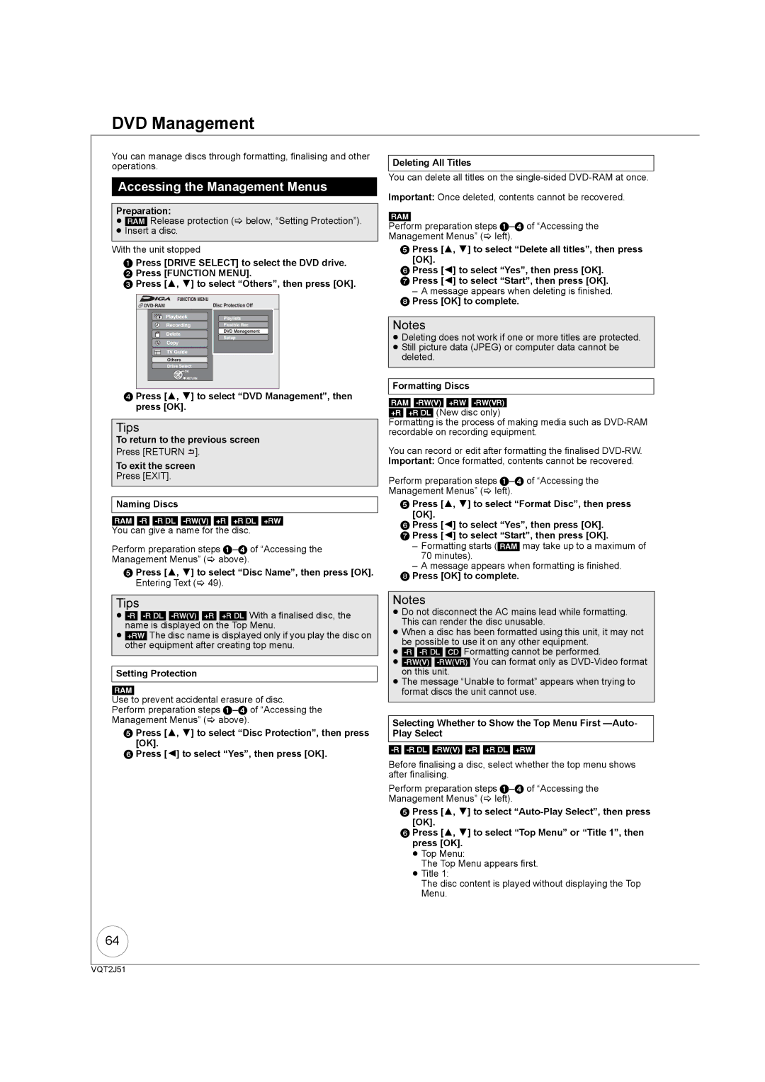 Panasonic DMR-EZ49VEB manual DVD Management, Accessing the Management Menus 