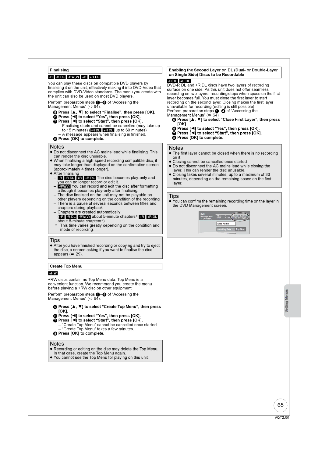 Panasonic DMR-EZ49VEB manual Finalising RDL -RW‹V› +R +RDL, Create Top Menu +RW 