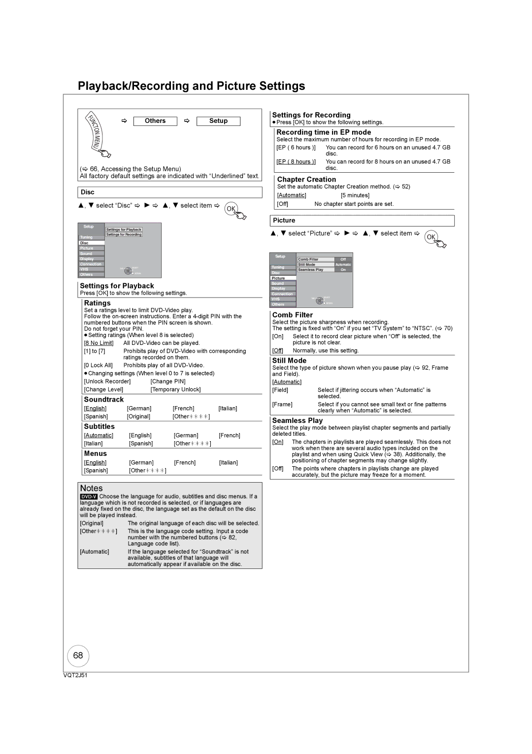 Panasonic DMR-EZ49VEB manual Playback/Recording and Picture Settings 