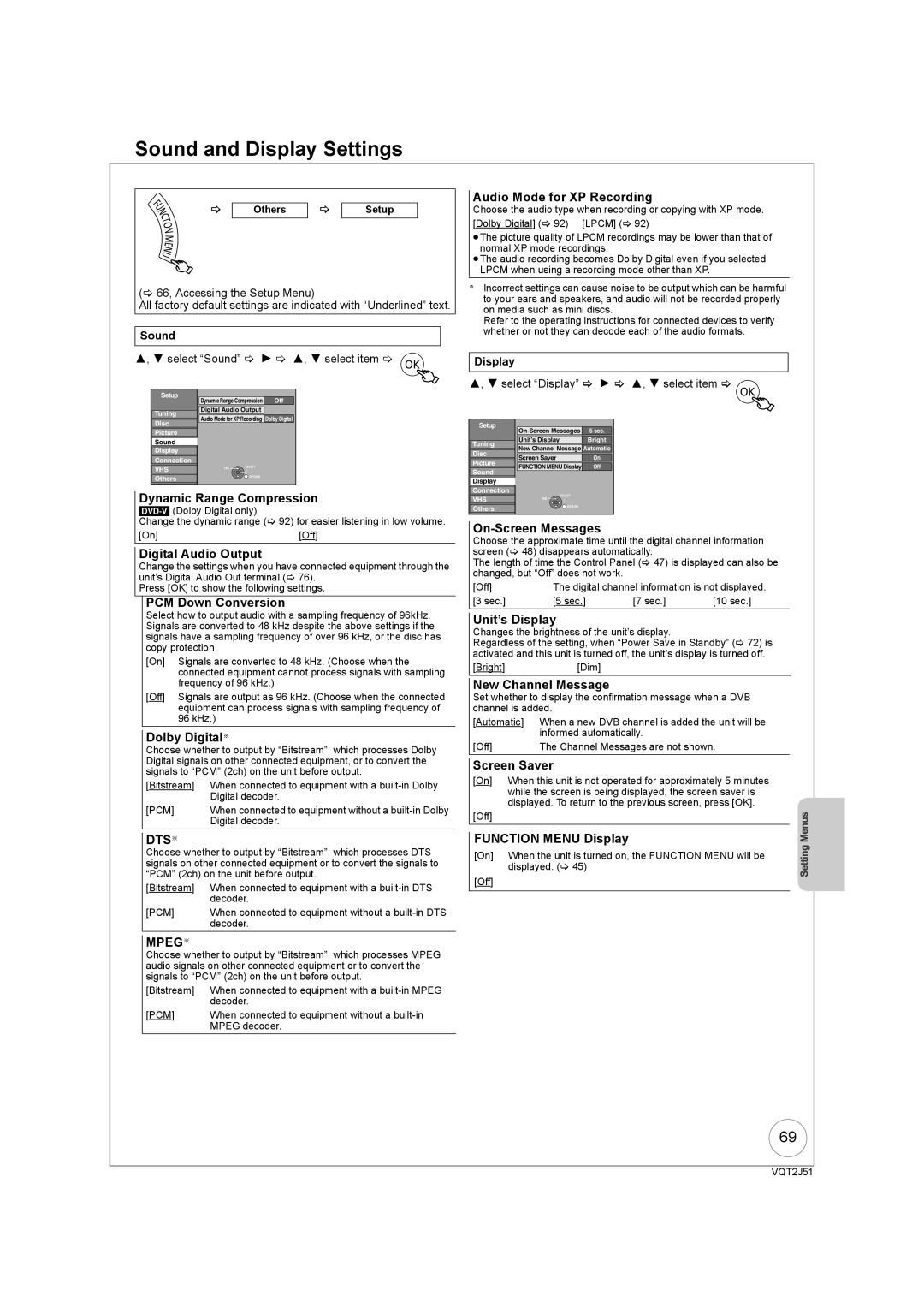 Panasonic DMR-EZ49VEB manual Sound and Display Settings 