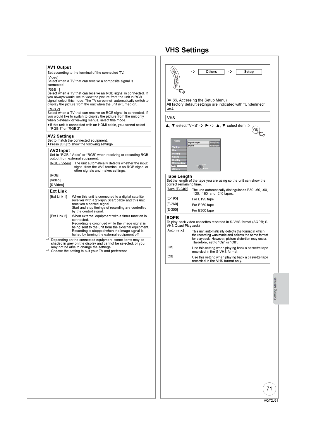 Panasonic DMR-EZ49VEB manual VHS Settings 