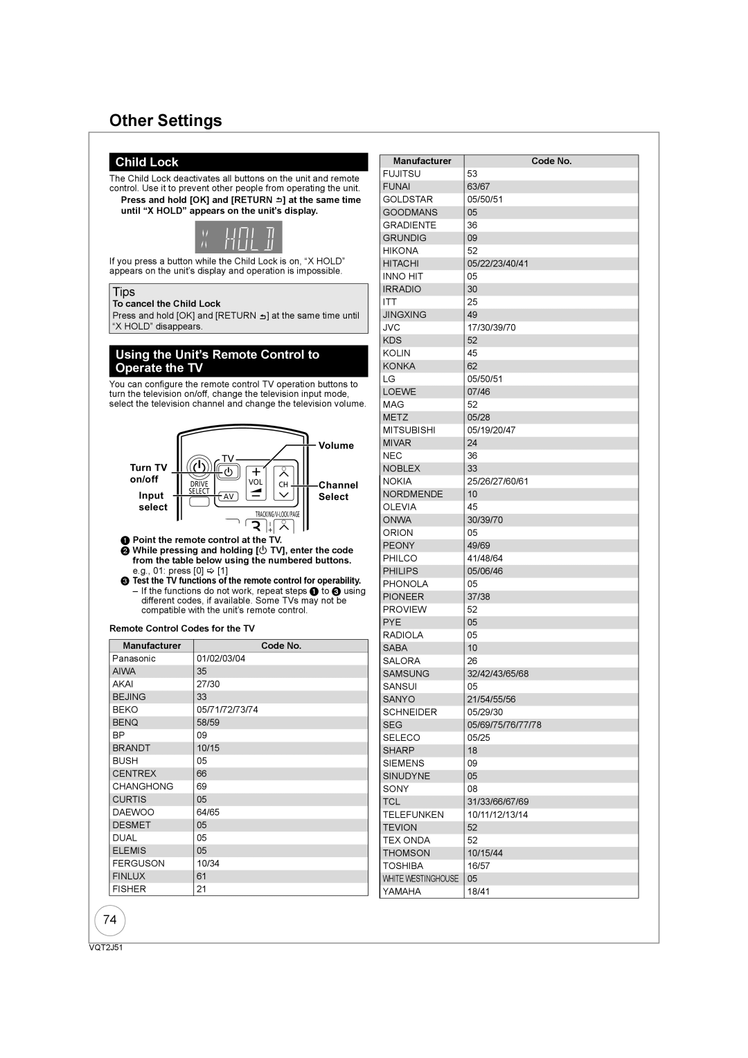 Panasonic DMR-EZ49VEB manual Other Settings, Child Lock, Using the Unit’s Remote Control to Operate the TV 