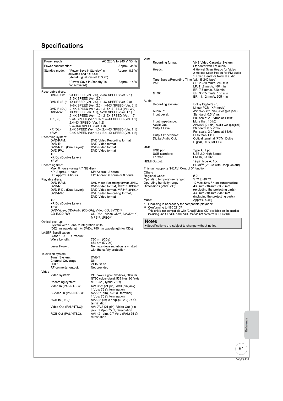 Panasonic DMR-EZ49VEB manual Specifications, Dvd-R Sl 