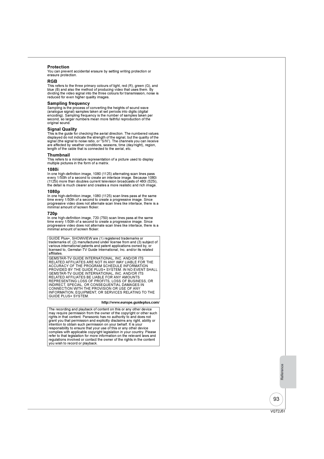 Panasonic DMR-EZ49VEB manual Protection, Sampling frequency, Signal Quality, Thumbnail, 1080i, 1080p, 720p 