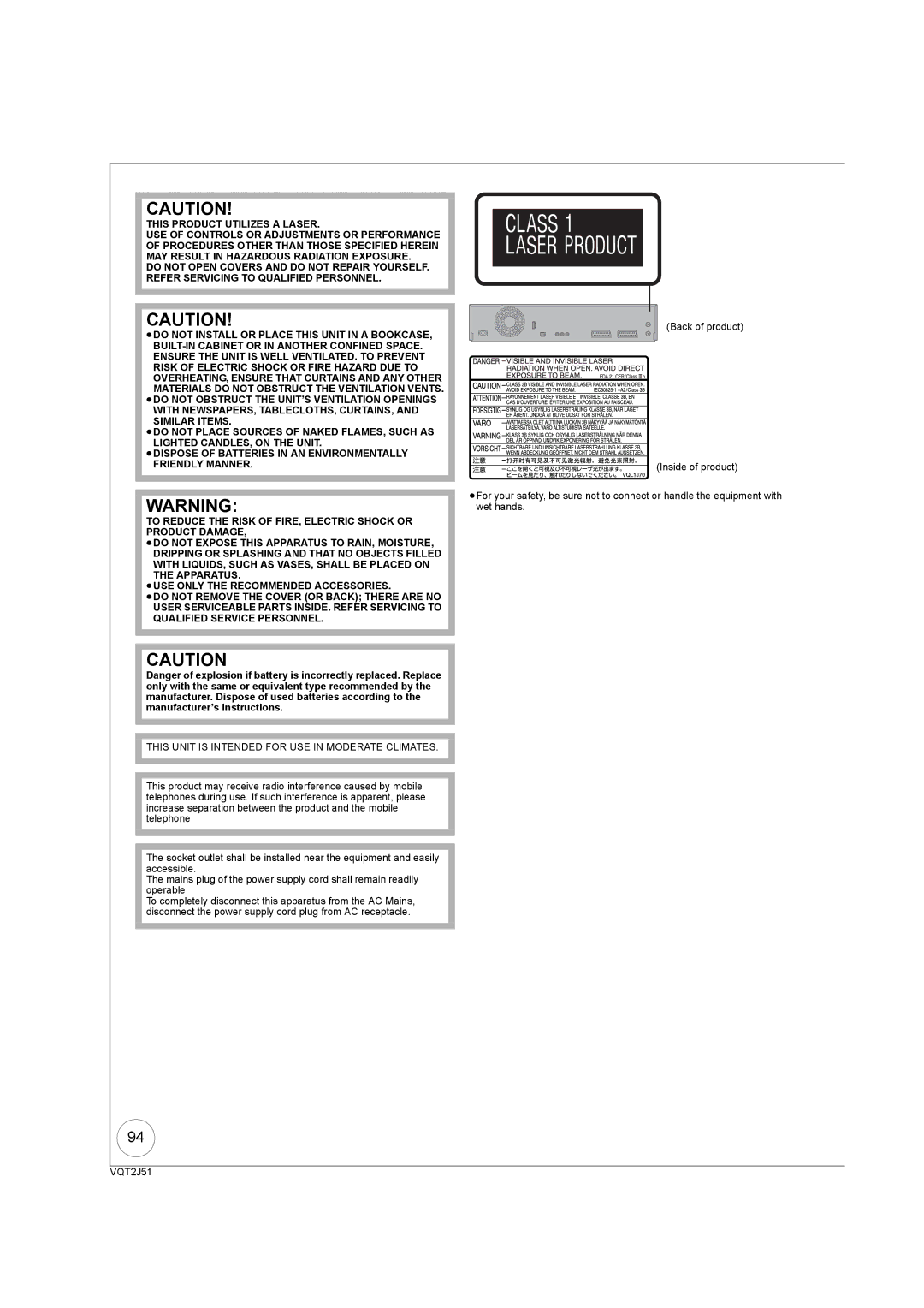 Panasonic DMR-EZ49VEB manual This Unit is Intended for USE in Moderate Climates 