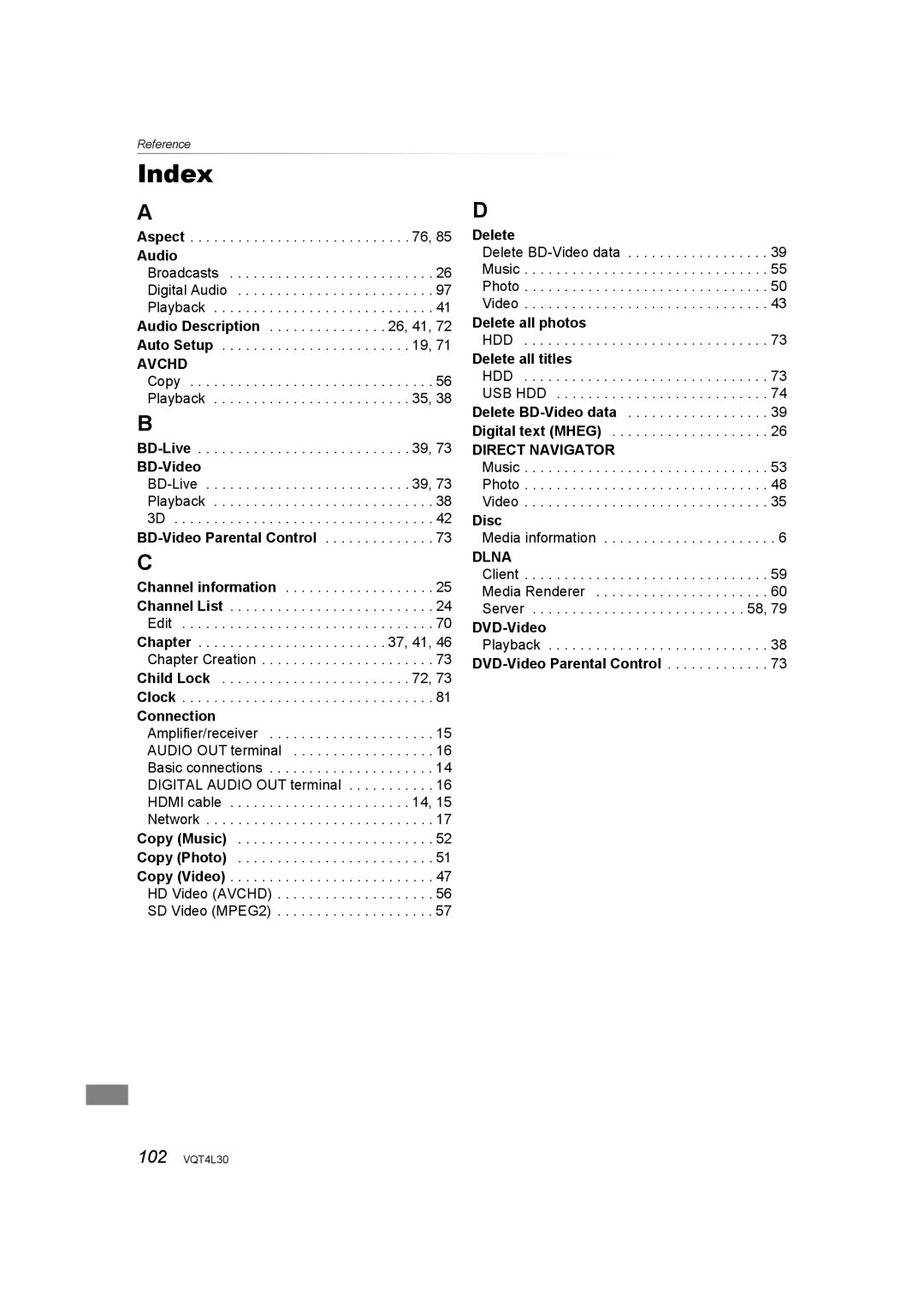 Panasonic DMR-PWT530, DMR-PWT635 operating instructions Index, Avchd, Direct Navigator, Dlna 