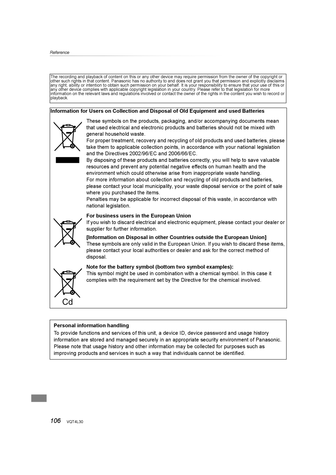 Panasonic DMR-PWT530, DMR-PWT635 For business users in the European Union, Personal information handling 