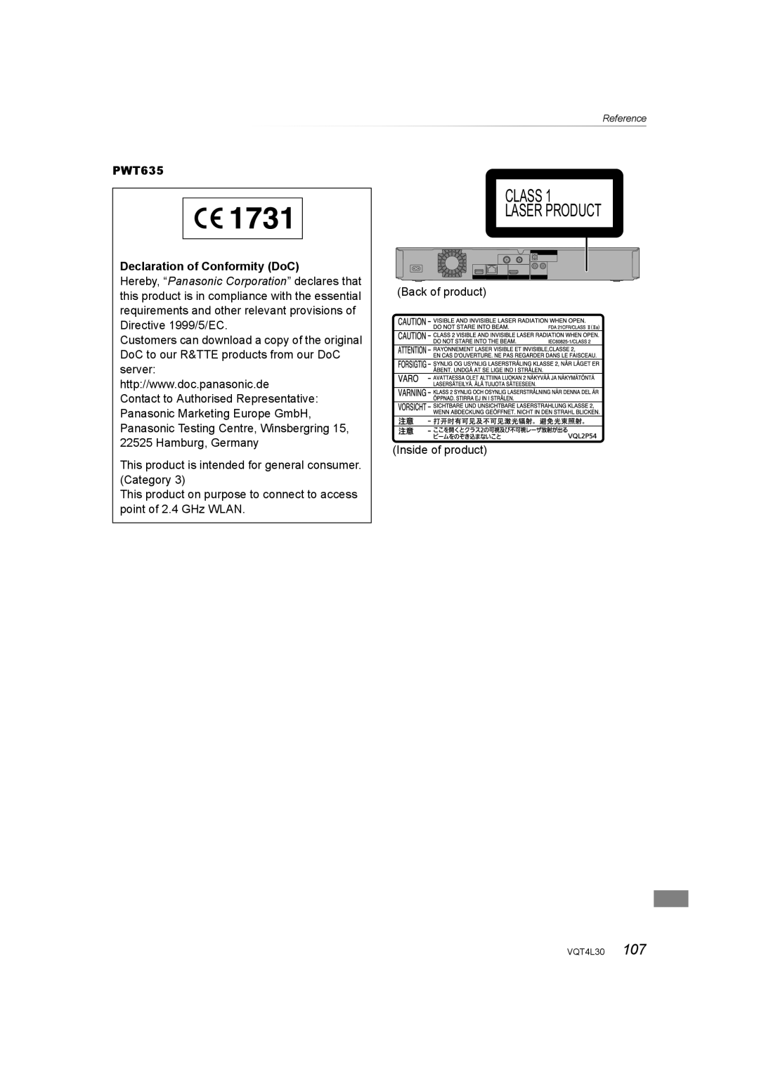 Panasonic DMR-PWT635, DMR-PWT530 operating instructions Declaration of Conformity DoC, Back of product Inside of product 