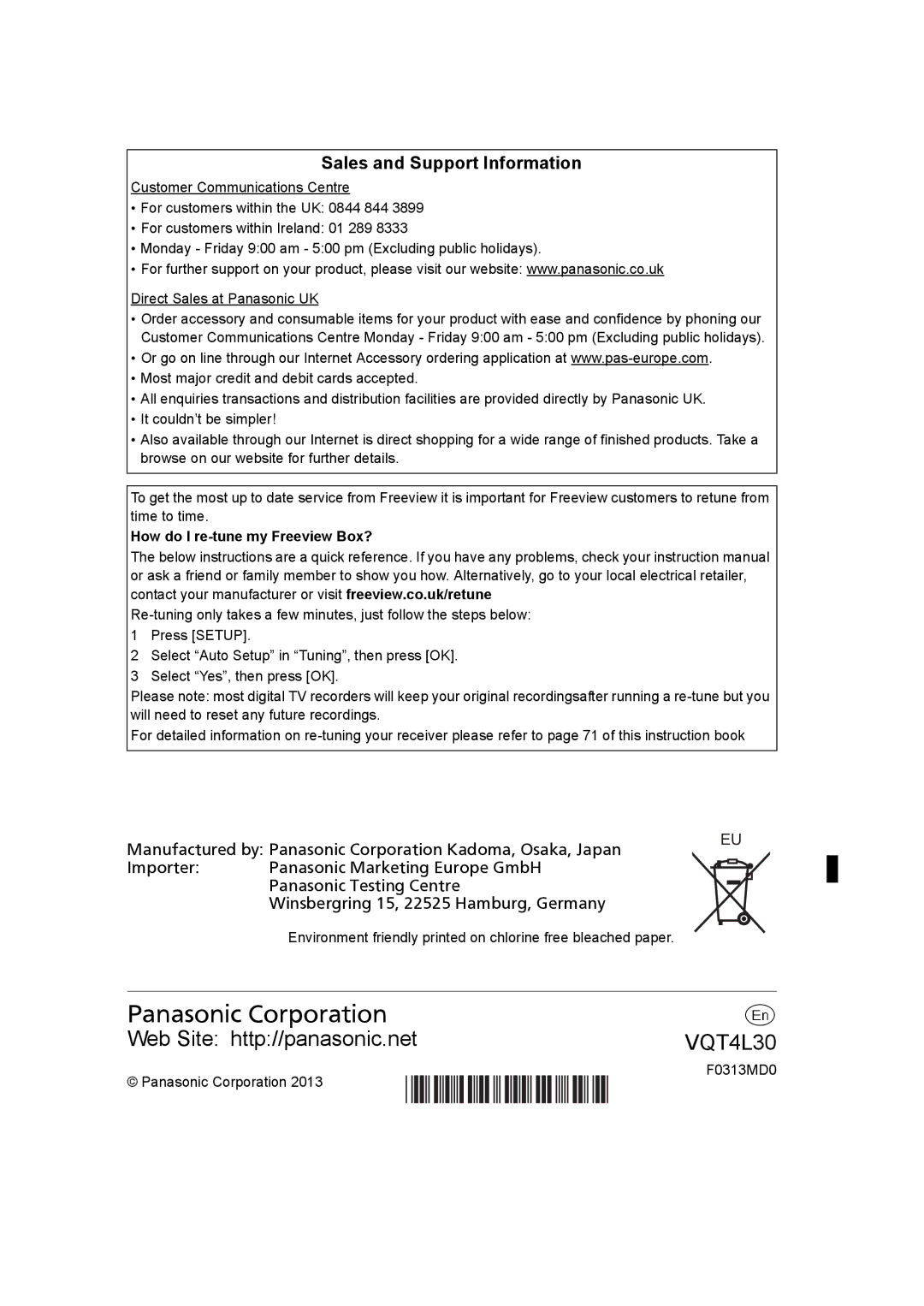 Panasonic DMR-PWT530, DMR-PWT635 operating instructions How do I re-tune my Freeview Box?, Panasonic Corporation F0313MD0 