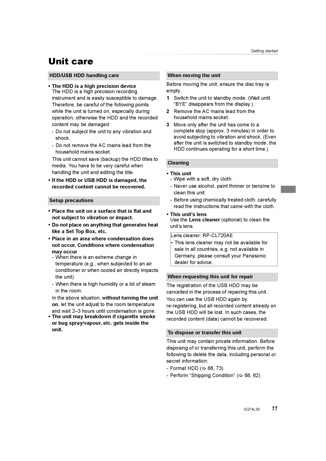 Panasonic DMR-PWT635, DMR-PWT530 operating instructions Unit care 