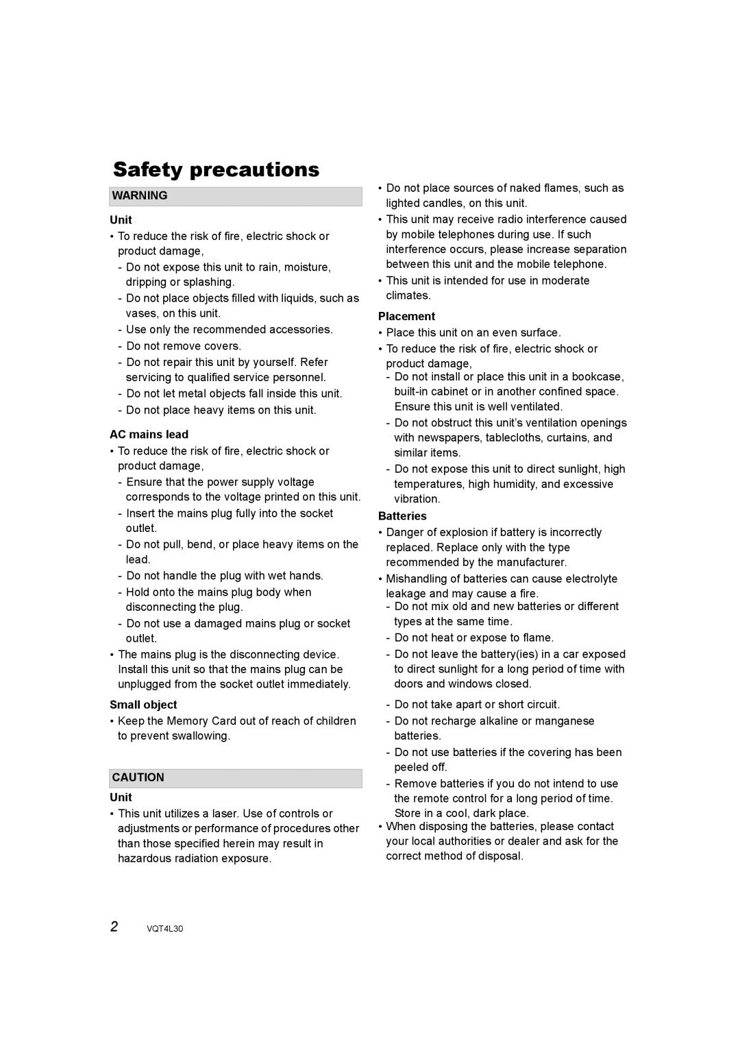 Panasonic DMR-PWT530, DMR-PWT635 operating instructions Safety precautions 