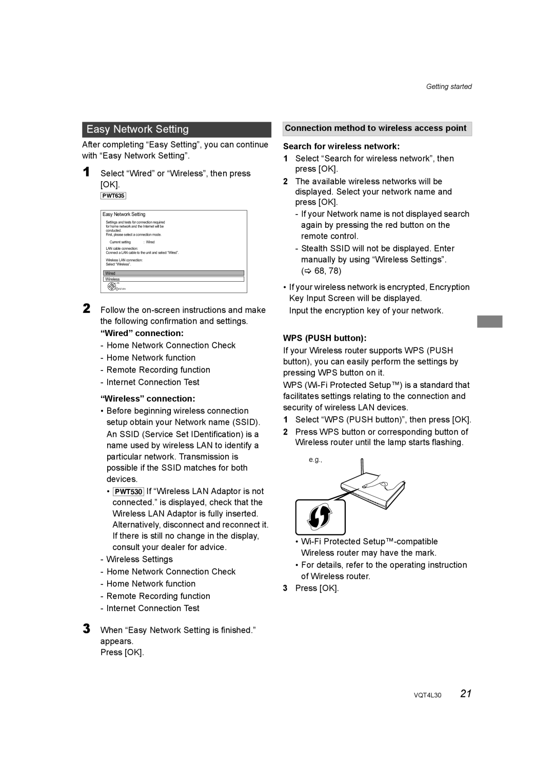 Panasonic DMR-PWT635, DMR-PWT530 Easy Network Setting, Wired connection, Wireless connection, WPS Push button 