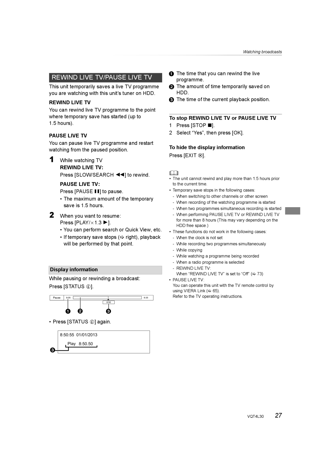 Panasonic DMR-PWT635, DMR-PWT530 operating instructions Rewind Live TV, Pause Live TV 