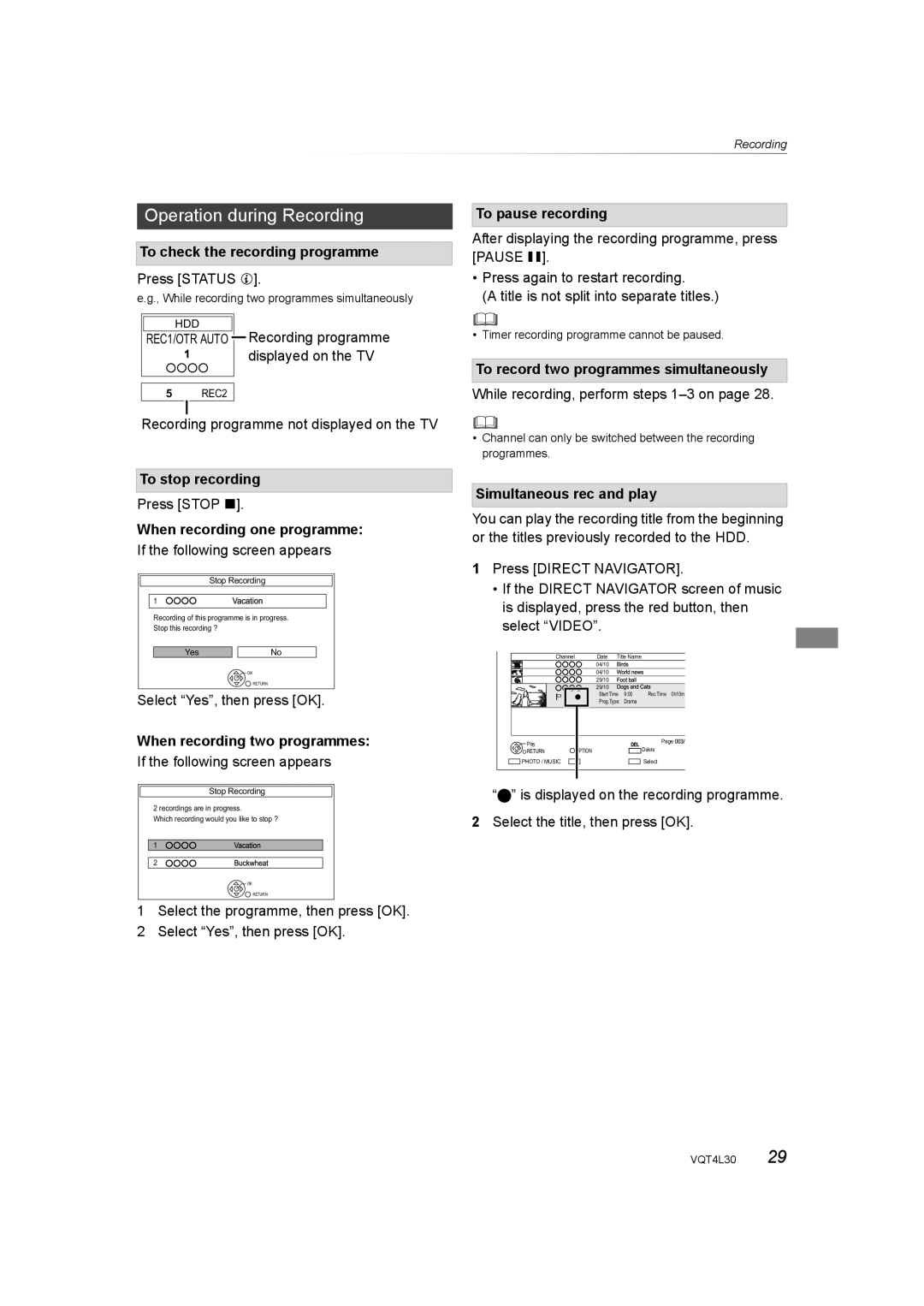 Panasonic DMR-PWT635, DMR-PWT530 operating instructions Operation during Recording 