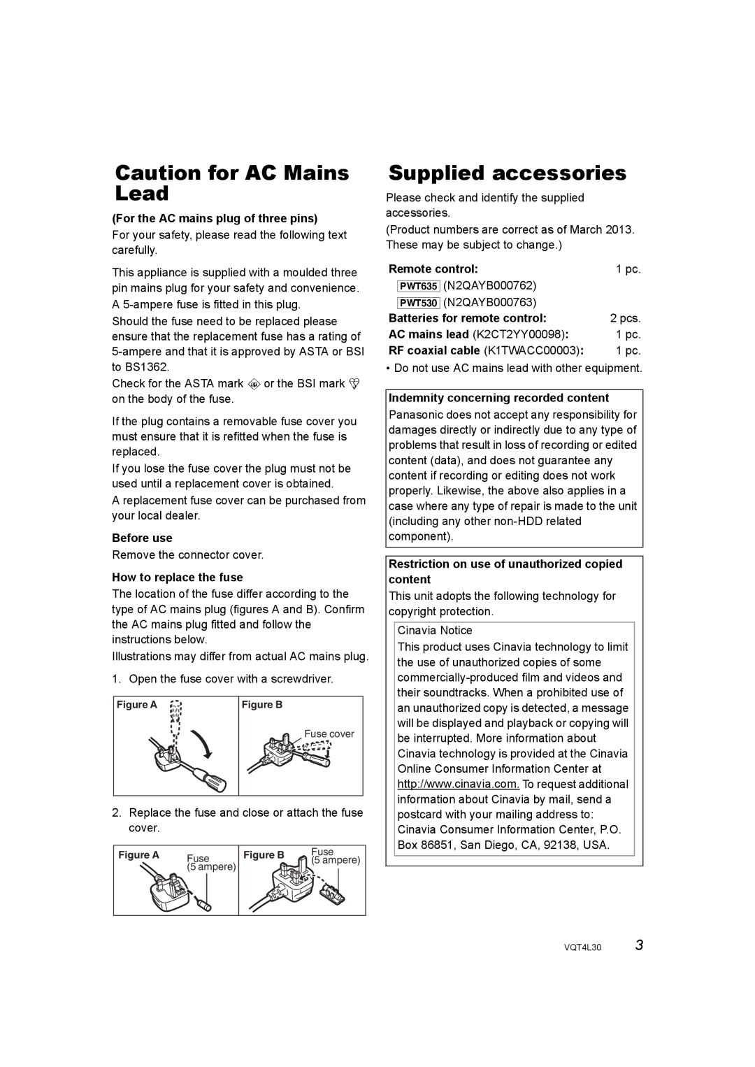 Panasonic DMR-PWT635, DMR-PWT530 operating instructions Supplied accessories 