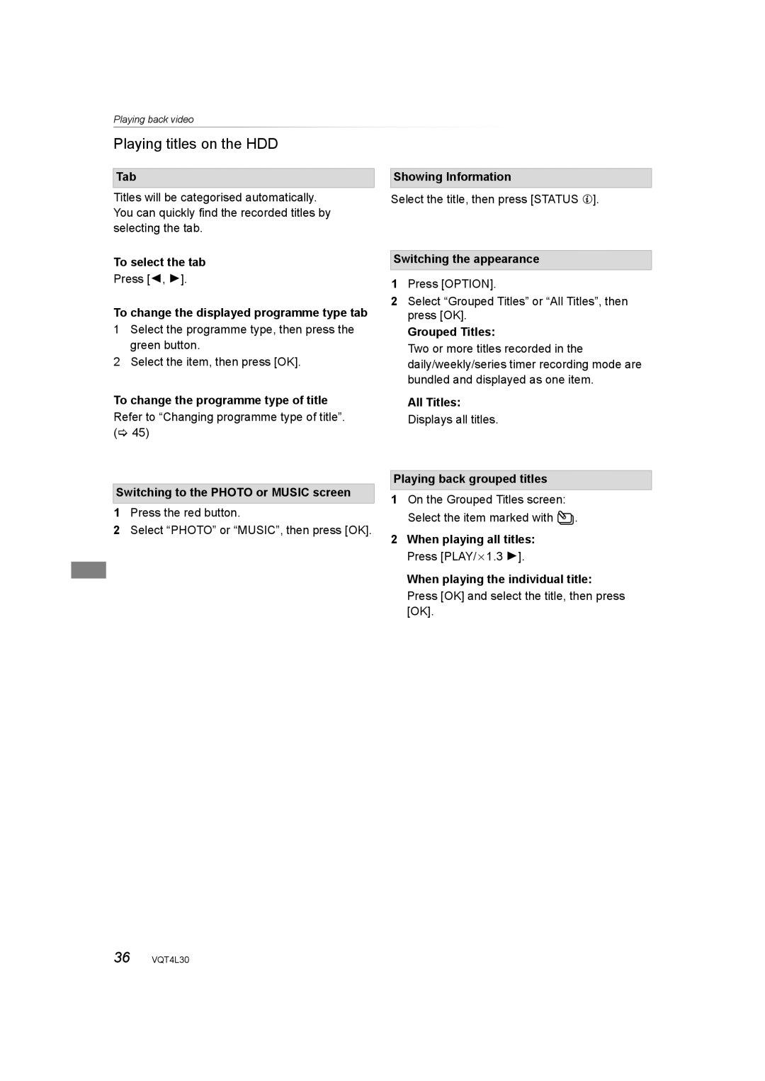 Panasonic DMR-PWT530 Tab, Showing Information, To select the tab, To change the programme type of title, Grouped Titles 