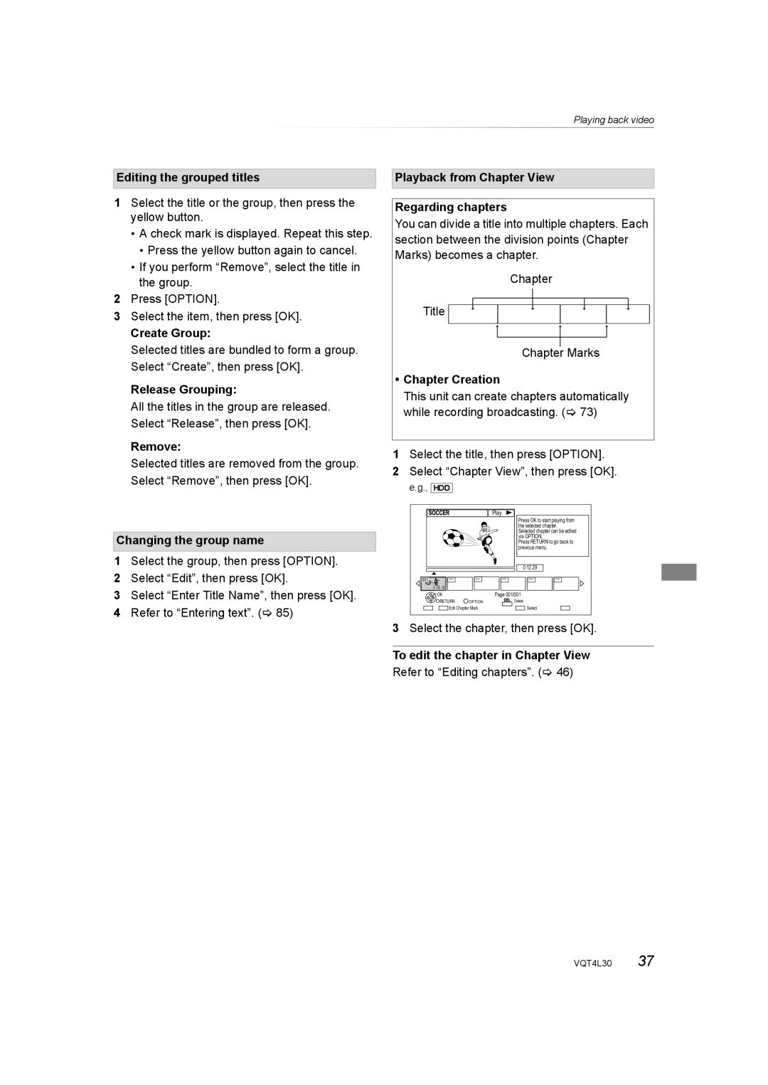 Panasonic DMR-PWT635, DMR-PWT530 Editing the grouped titles, Create Group, Release Grouping, Remove, Chapter Creation 