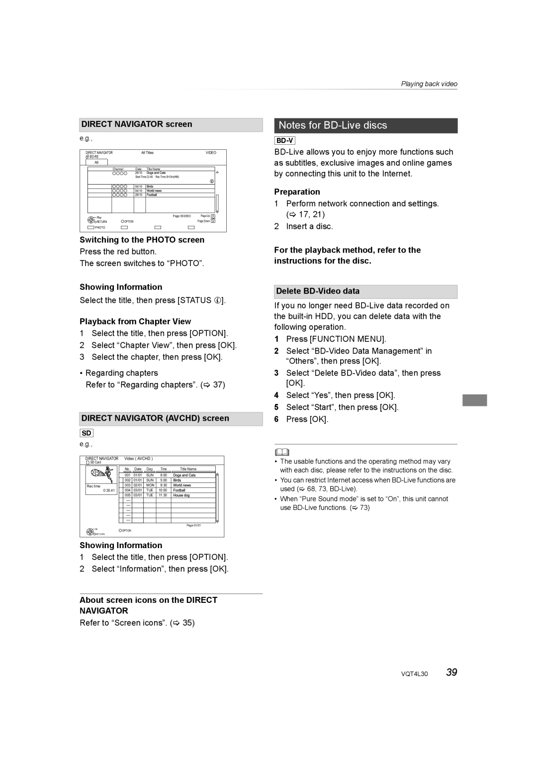 Panasonic DMR-PWT635, DMR-PWT530 Direct Navigator screen, Switching to the Photo screen, Playback from Chapter View 