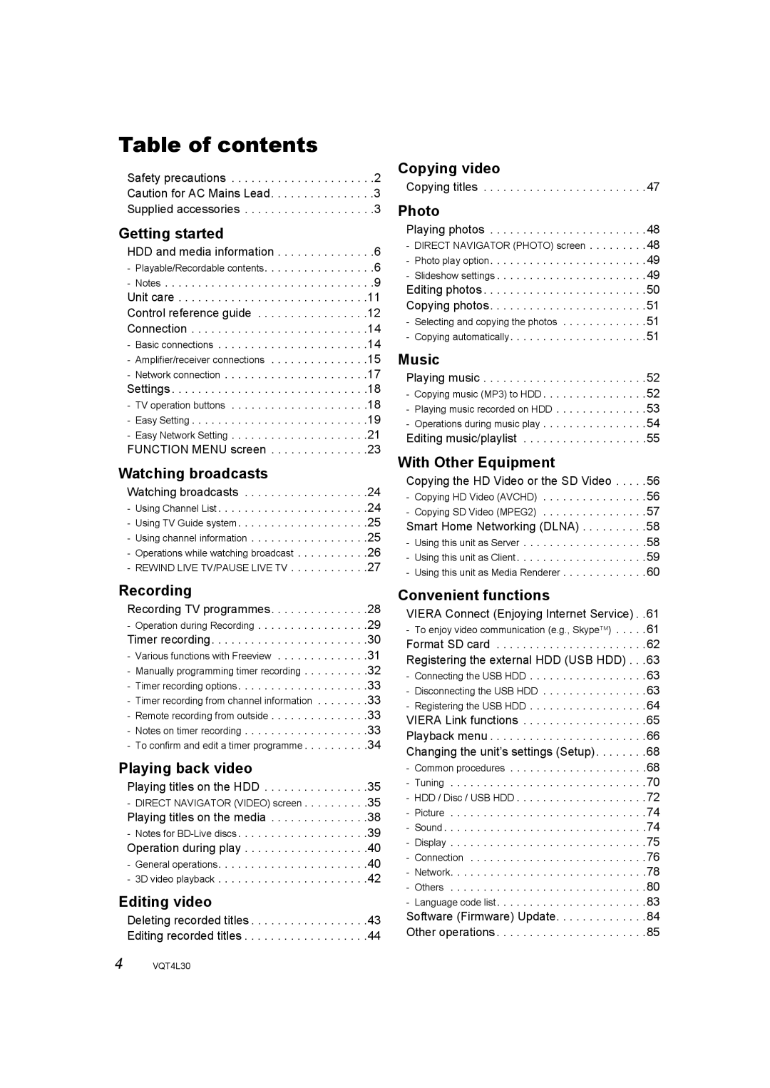 Panasonic DMR-PWT530, DMR-PWT635 operating instructions Table of contents 