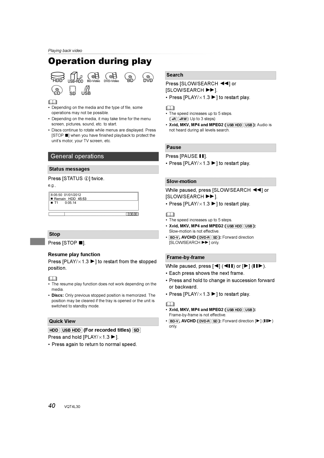 Panasonic DMR-PWT530, DMR-PWT635 operating instructions Operation during play, General operations 