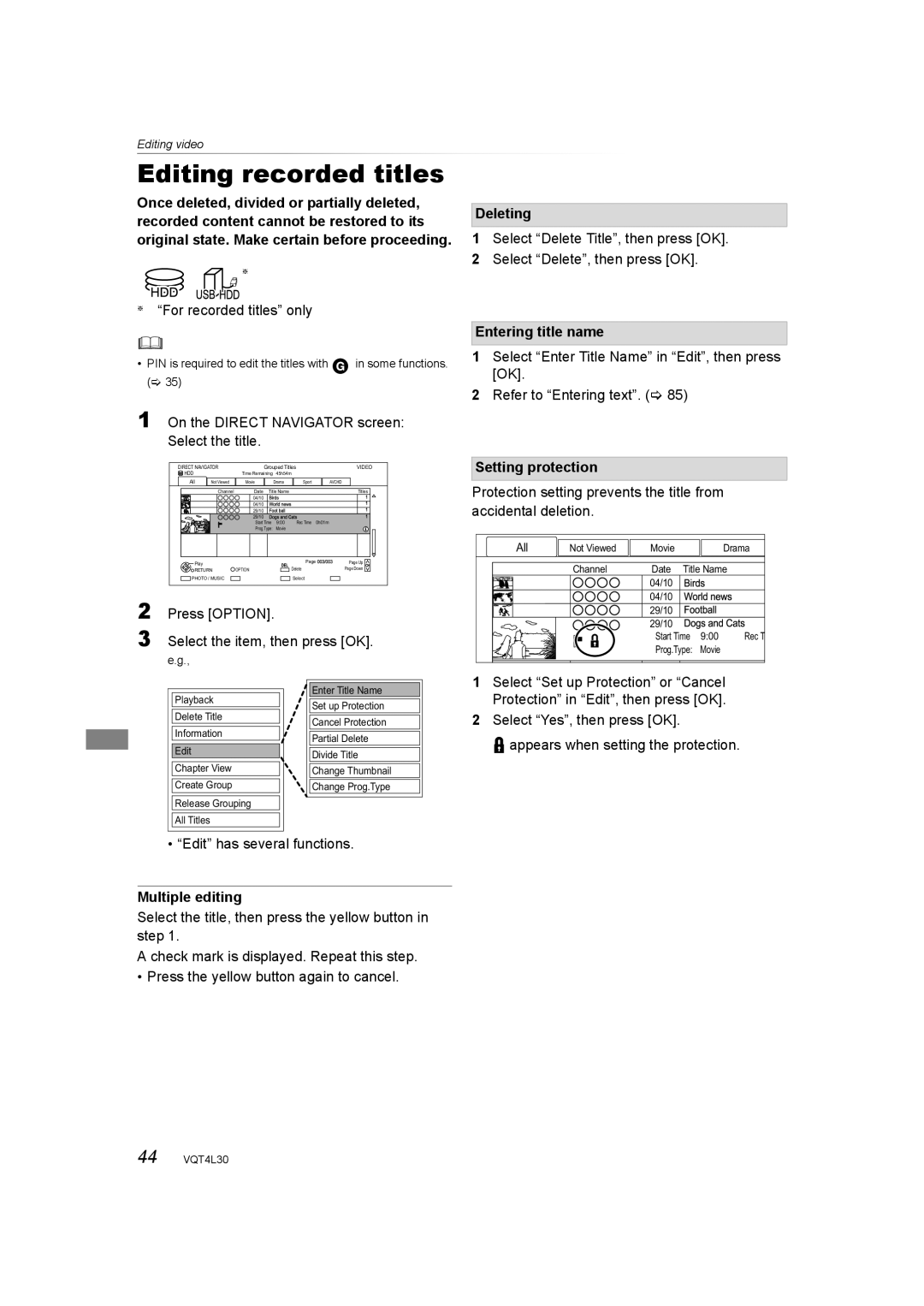 Panasonic DMR-PWT530 Editing recorded titles, Deleting, Entering title name, Setting protection, Multiple editing 