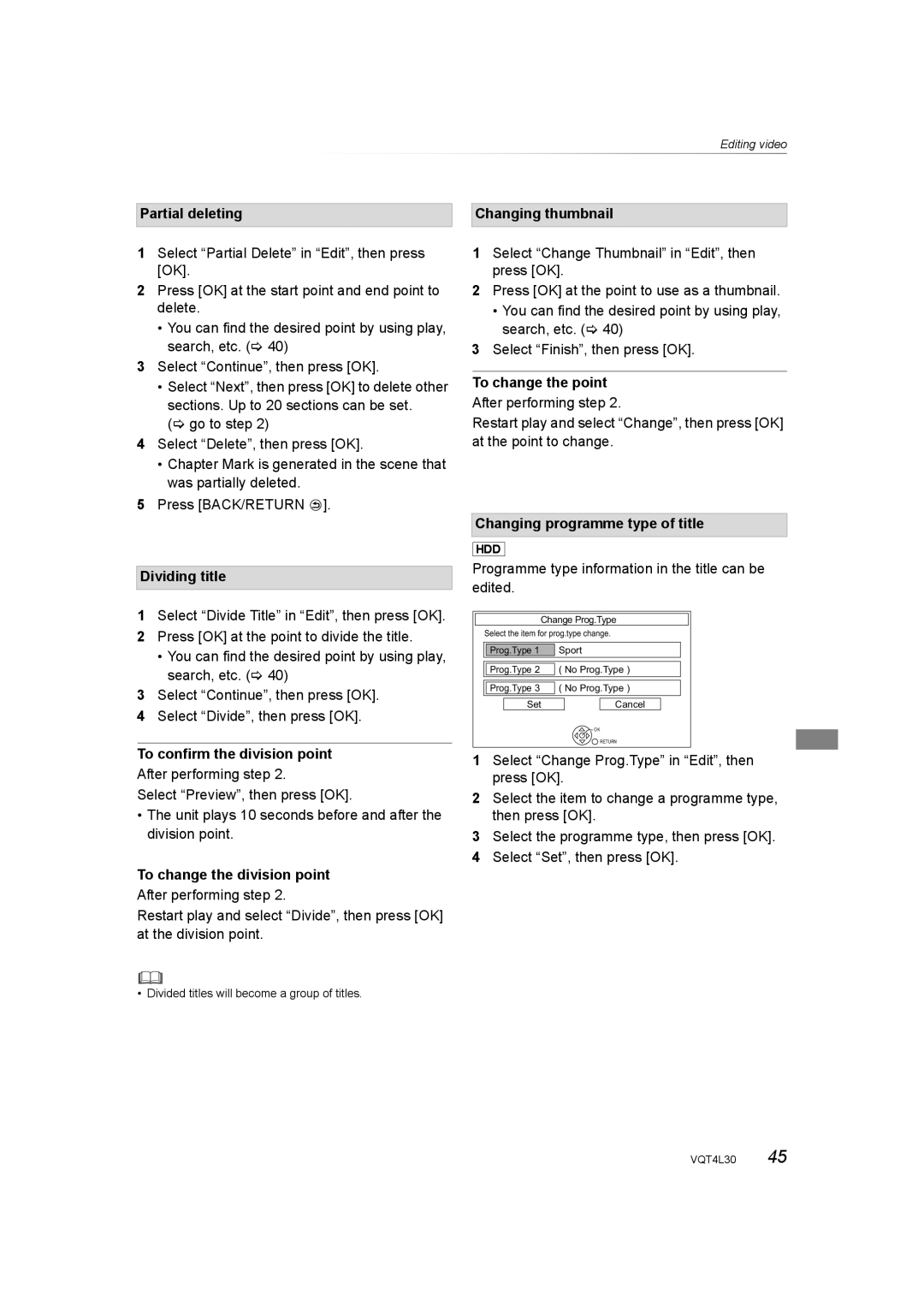 Panasonic DMR-PWT635 Partial deleting, Dividing title, To confirm the division point, To change the division point 