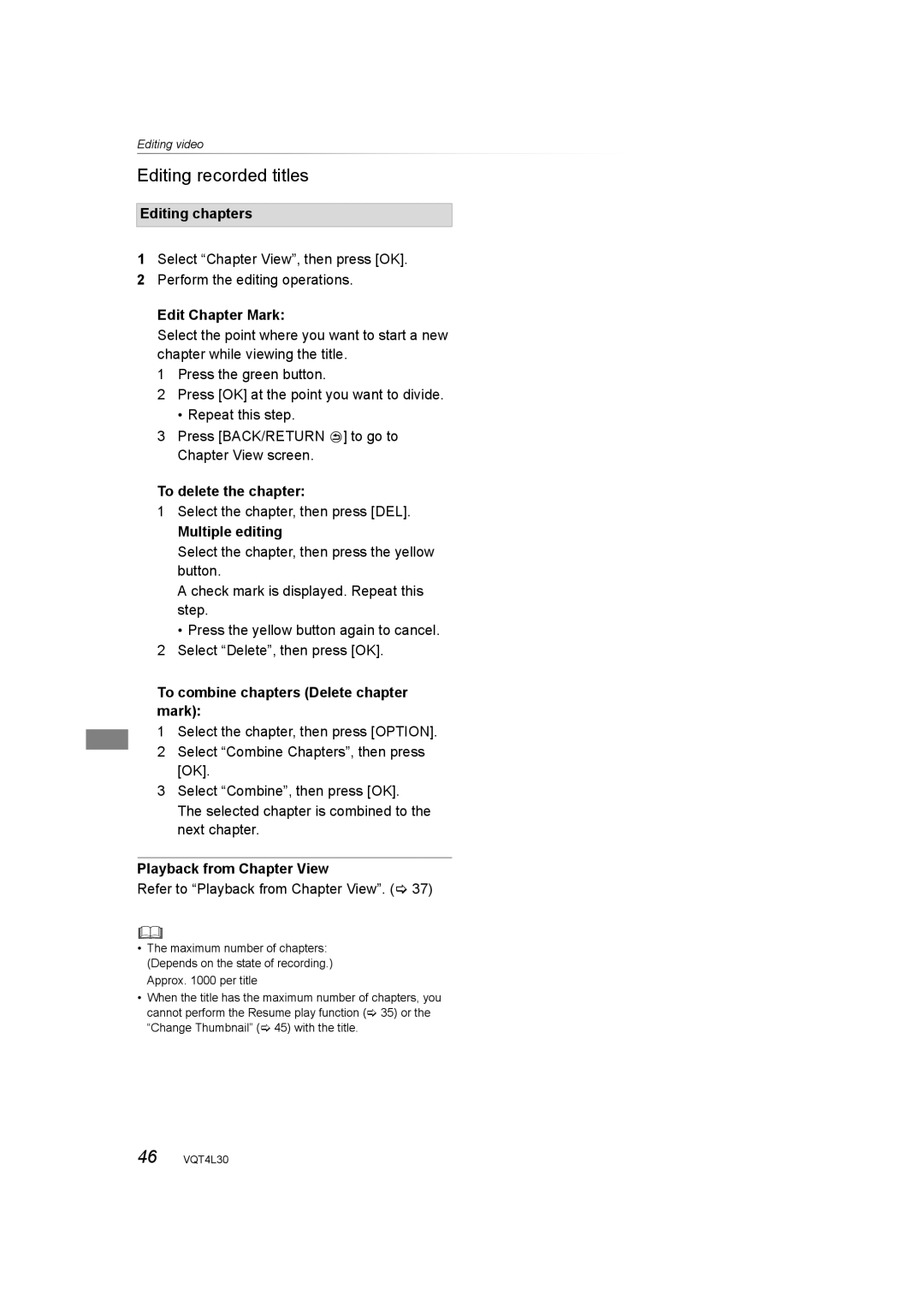 Panasonic DMR-PWT530 Editing chapters, Edit Chapter Mark, To delete the chapter, To combine chapters Delete chapter mark 