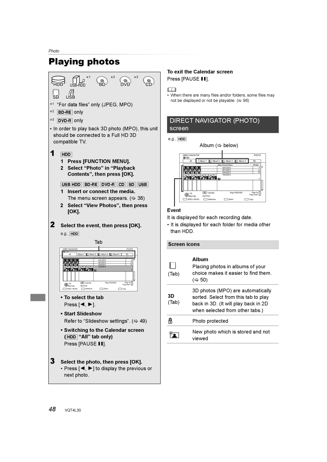 Panasonic DMR-PWT530, DMR-PWT635 operating instructions Playing photos, Direct Navigator Photo screen 