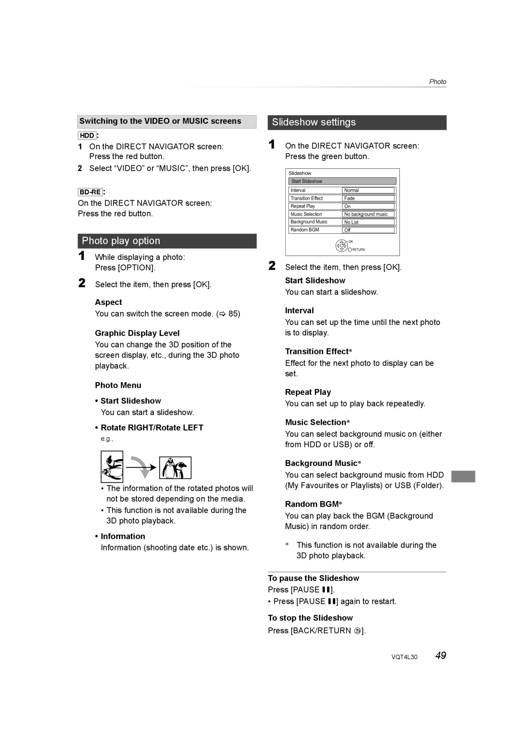 Panasonic DMR-PWT635, DMR-PWT530 operating instructions Photo play option, Slideshow settings 